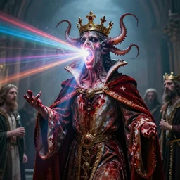 a perfect majestic portrait photograph of a distorted, contorted human monarch. robes of blood, and a crown of squid engulfing their head. their gaping mouth is blasting colored rays of pure energy into the psyche of their devout disciples.