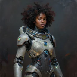 beautiful afrofuturistic himba woman, otjize, glowing spacesuit, led details, robotic arms, hyperrealistic, scifi, concept art, impasto oil painting, portrait, dark, muted colors