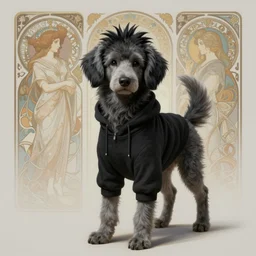 a photograpic full body portrait of a anthropomorphic grey furry dog wearing casual black clothes, black spikey hair, grey skin, floppy ears, furry character, fursona, fantasy, intricate, elegant, highly detailed, digital painting, artstation, smooth, sharp focus, illustration, art by artgerm and H R Giger and alphonse mucha
