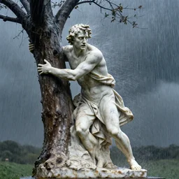 marble statue, carboniferous by thomas benjamin kennington melancholic. a assemblage of a man caught in a storm, buffeted by wind & rain. he clings to a tree for support, but the tree is bent by the force of the storm. he is soaking wet. his face is contorted with fear & effort.