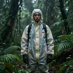 a human researcher standing in the rainforest, wearing protective suit, post - apocalypse, cinematic