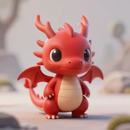 a cute little red chibi dragon, black eyes, octane render, depth of field