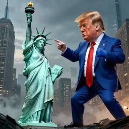giant Donald Trump vs Statue of Liberty fight in Manhattan, post apocalyptic New York, craig mullins, dramatic lighting, very detailed