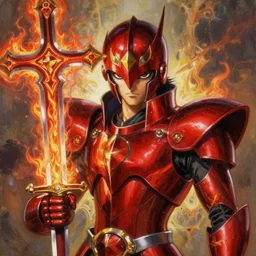 Jotaro Kujo in scarlet red  holy knight armour wear a helmet  in the shape of heron cover upper half of his face, hold a cross sword with fire vertically,  high detailed, precise and neat artist Sangood Jeong style, oil painting texture