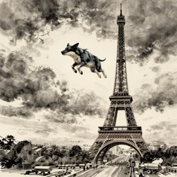 free willy jumping over the Eiffel tower. Illustration, dystopian style, inked and colored.