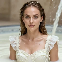 nathalie portman wearing a risque outfit made from milk, half body portrait, greg kutkowski, sharp details, soft lighting, subsurface scattering, pearls of sweat, glistening skin, warm lighting