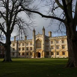 gothic british university, cold overcast day, dead trees
