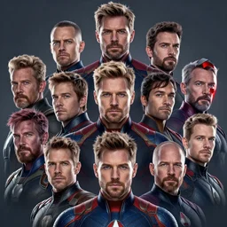 avengers with faces switch around, octane render, nvidia, highly detailed, concept art, illustration, cinematic
