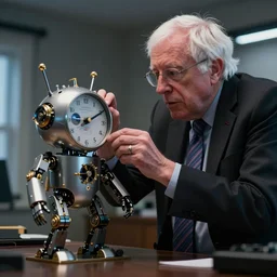 bernie sanders putting the finishing touches on a ( ( cute ) ) clockwork doomsday robot, cinematic moody lighting, sharp focus, imax