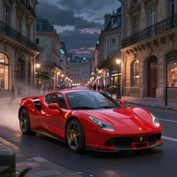 a wholesome animation key shot of one focused ferrari, dynamic, on an ancient paris street, photo taken at night, wide shot, studio ghibli, pixar and disney animation, sharp, very detailed, high resolution, rendered in unreal engine 5, anime key art by greg rutkowski, overcast lighting, dark