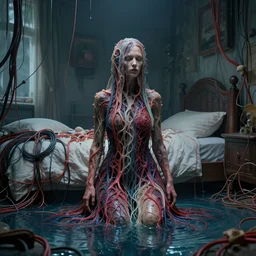 rgb, woman, room, full of water, cinematic, movie scene, inspired by zdzislaw beksinski, clothes made out of veins,, cables everywhere, bedroom, ultra realistic, concept art, intricate details, highly detailed, photorealistic, octane render, 8 k