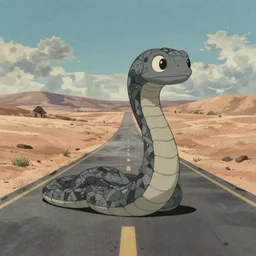 a study of a cell shaded cartoon of a grey mechanized snake from howl's moving castle ( 2 0 0 4 ), on a desert road, full body, wide shot, very muted colors, post grunge, studio ghibli, laurie greasley, highly detailed, deviantart, art by artgem