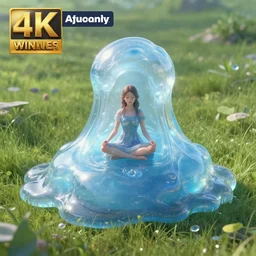 render of one huge fantasy transparent translucent bluish slime in the meadow. a girl in a dress sits on a slime in a lotus pose. fantasy, high details, masterpiece, cgsociety, octane render, 8 k, volumetric lighting, photorealism, translucent raytracing, artstation contest winner