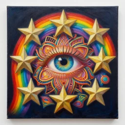 intricate five star rainbow by casey weldon, oil on canvas, hdr, high detail, photo realistic, hyperrealism, matte finish, high contrast, 3 d depth, centered, masterpiece, vivid and vibrant colors, enhanced light effect, enhanced eye detail, artstationhd