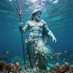 fish swimming, ancient greek sculpture of poseidon with trident statue submerged underwater, blue and green water,  tiny crabs, photorealistic, highly detailed, trending on artstation, mystical lighting