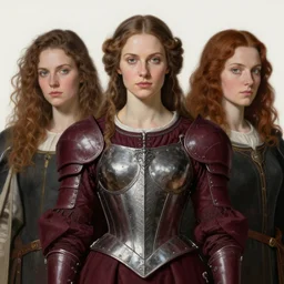 portrait of medieval woman wearing maroon power armor with steel overbust corset. intricate painting by ross tran, magali villeneuve, and jeremy mann.