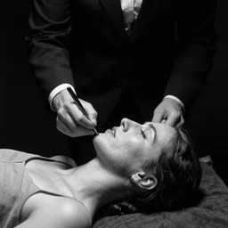1 9 4 0 s photography of a lady being hypnotized in a show, photorealistic, black and white, dramatic lighting