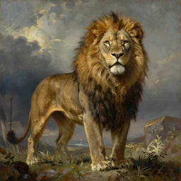 gorgeous lion in armor in style of blizzard, by rembrandt and gustave dore, dramatic lights, painting, washed colors