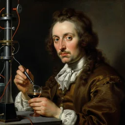 a baroque neoclassicist close - up portrait of a futuristic mad scientist in a laboratory with electricity and high voltage. renaissance portrait painting. highly detailed science fiction painting by norman rockwell, frank frazetta, and syd mead. rich colors, high contrast, gloomy atmosphere, dark background. trending on artstation