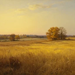 a dry flat land of pastures and farms! with yellow!!! and brown!!! grass, autumn!!!, sunset, yellow colors, medieval era, by asher brown durand and chesley bonestell
