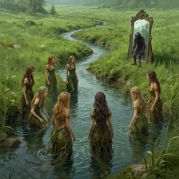 beautiful digital fantasy illustration of A woody green field with a stream running through it, with a group of dryad women standing in the water. They seem to be preparing to submerge themselves in the cool, clear waters of the stream. a creepy creature standing in front of a mirror!, concept art by Alex Horley-Orlandelli!!, cgsociety contest winner!!!, gothic art,!!!!, cgsociety, fantasy art, highly detailed, soft lighting, rendered in octane, masterpiece, very very very aesthetic