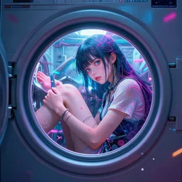 step sister stuck in washing machine, art by wlop and artgerm and liam wong, cyberpunk, neon, intricate details, trending on artstation, sharp focus, caustics, octane render, radiant light, 4 k