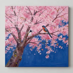 a beautiful painting cherry tree, nightingale bird, by picasso by kusama yayoi painting lumion render