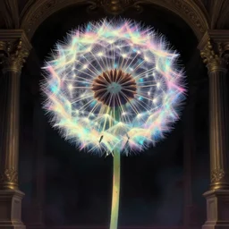 a close - up view portrait of a silhouetted dandelion monster humanoid figure with iridescent glow, anime art style - fi baroque neoclassicist halls. detailed textures. glowing colourful fog, dark black background. highly detailed fantasy fiction painting by moebius, norman rockwell, frank frazetta, and syd mead. rich colors, high contrast. artstation