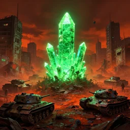 glowing green alien crystals irradiating zombie infested city, orange and red wasteland, survival post - apocalyptic, ruined tanks, beksinski, dark sci - fi