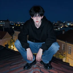 handsome young man with short black hair, glowing light blue eyes, pale skin, crouching on the roof of a house, in a neighbourhood, at night, wearing jeans and a black hoodie, realistic painting by ross tran and gerald brom and alphonse mucha, ilya kuvshinov, svetlana tigai, artgerm, trending on artstation