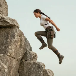 action shot of young Lara Croft leaping down from a weathered stone, an ancient white and blue dungeon with bright green vines overgrowing