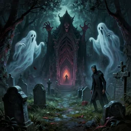 A dark and haunted graveyard with Evil ghost spirits raoming in the style of Keith Thompson, christopher bretz and kael ngu and Zdzislaw Beksinski, Artstation HD, 8k, Surrealistic digital artwork, highly detailed, digital painting, HDRI, vivid colors, high contrast, 8k resolution, intricate, photorealistic, smooth
