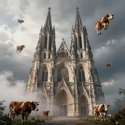a gothic cathedral on a hill, surrounded by cows flying in the sky, fog, nebbia, dramatic atmosphere, highly detailed, cinematic lighting, perfect composition, artem demura