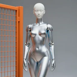 perfect humanoid woman, porcelain, aluminium ( desgined by apple ), silver, blue soft details, soft!!, ( ( standing close to an orange metal fence ) ), studio photo, octane render, studio lights, 8 0 mm lens