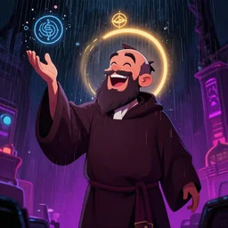 priest laughing while making it rain is a strip club by mandy jurgens, cartoon, dark backgroun, visionary art, magic symbols, holy halo, neon ambient lighting, high detail, dark vibrant colors