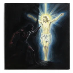 black background. evil and badness attack christ from one side, but from christ's other side emerges light and life. like a prism with light passing through it. | painting by craig mullins