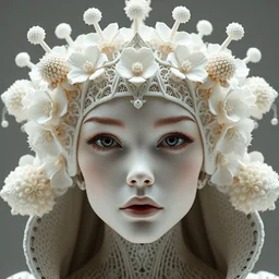 complex 3 d render hyper detailed ultra sharp beautiful futuristic stunning biomechanical humanoid woman with porcelain ivory face, medium shot portrait, close - up, filigree lace, iris van herpen daisies colras cyberpunk haute couture headdress with rhizomorph finials spires, brackets, fractal embroidered puffballs, octane render, 8 k
