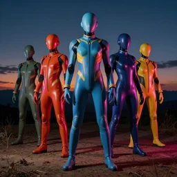 beauty, colored plastic humanoid cybersuits, dramatic lighting, nightfall, vivid colors, beautiful lighting