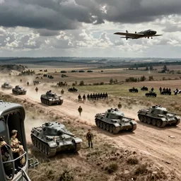 a colorised photo of world war second operation barbarossa, german battalion land troops and armoured panthera tanks, panoramic view from plane