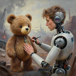 a paint of dan mumford, of a robotic teddy bear painting a picture of a cute bear, in the background an apocalyptic panorama, octane render, unreal engine 5, greg rutkowski