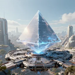 concept art of levitating see through pyramid above a highly detailed mechanical landing pad, futuristic city in background, by beeple, artstation, CG society, blue skies
