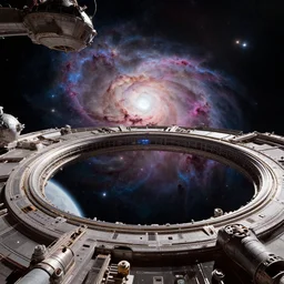 intergalactic stargate portal in a space station with a view of a nebula in the background by douglas smith and louis icart