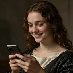 a portrait of a  beautiful young lady smiling at a text she just received from her crush, in style of Caravaggio, hypermaximalistic, high details, cinematic, 8k resolution, beautiful detailed, insanely intricate details, artstation trending, octane render, unreal engine