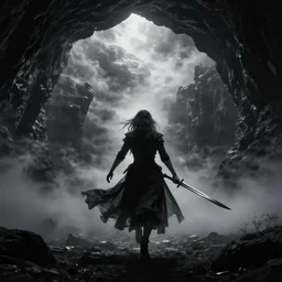 epic portrait cinematic shot an female with large sword runnning in a cave of an giant, cloudy, foggy, storm, night setting. realistic shaded lighting poster by craig mullism, radiant light digital art, kvlt by peder balke by theodor kittelsen by guido crepax by norman bluhm mystic high contrast monochromatic noir