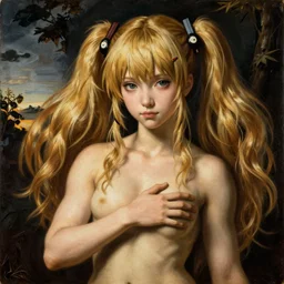 junko enoshima from danganronpa, oil painting by botticelli, renaissance painting, birth of venus, a japanese gyaru with thick blonde pigtails, bangs, and monokuma hairpins, realistic