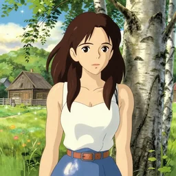 portrait art of beautiful anime girl emma stone in summer outfit at russian village, birch tree, art by studio ghibli, makoto shinkai, intricate details