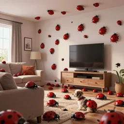 in a dim family room, millions of killer ladybugs exit out of small hole at the bottom of a wall and are on every surface. ladybugs cover a sofa, tv, cover the wall ceiling floor and ladybugs cover a puppy. digital art, superior quality, octane render, 8 k.