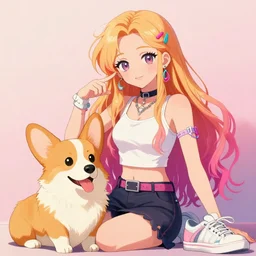 beautiful anime painting of hiphop solarpunk princess chill with corgi, by, craig mullins, craig davison. trending on artstation, 8 k, masterpiece, graffiti paint, fine detail, full of color, intricate detail, golden ratio illustration