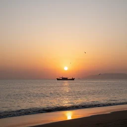 sunset on the beach, a boat in the water and birds flying around.