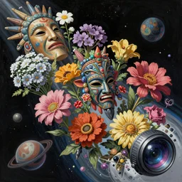 An epic fantastic realism comic book style painting of the most beautiful flowers launched into space, bouquets, Shamanic Mask, fisheye lens, unreal 5, DAZ, hyperrealistic, octane render, dynamic lighting